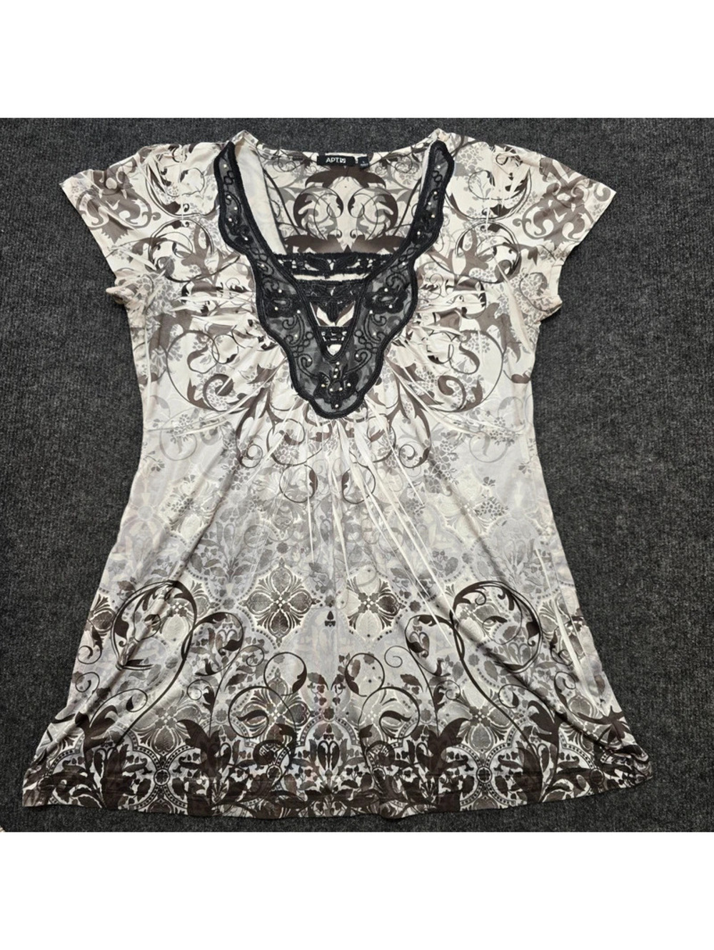 Apt 9 Women Large Black Gray Gothic Paisley Tattoo Print Lace Scoop Neck Top